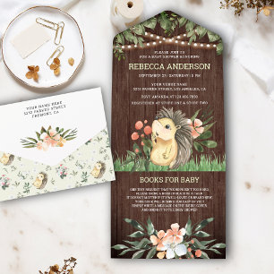 Ländliche Wald Holz Igel Baby Shower All In One Einladung