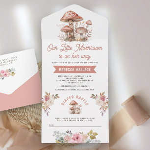 Ländliche Wald-Pink-Pilz-Baby-Party All In One Einladung