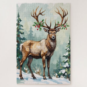 Ländliche Wald-Rentier Elegante Weihnachtskunst Puzzle