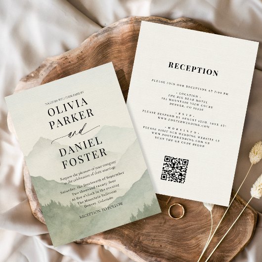 Ländliche Waldberge QR-Code Hochzeit Einladung