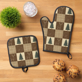 Ländliche Waldhirsche Vintage Cabincore Wald Ofenhandschuh & Topflappen-Set