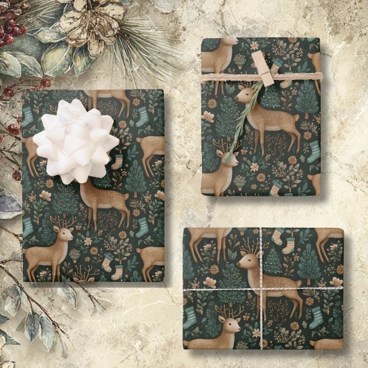 Ländliche Waldhirsche & Weihnachtskiefernbaum Geschenkpapier Set