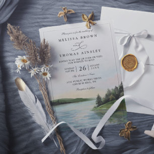 Ländliche Waldsee-Landschafts-Berg-Hochzeit Einladung