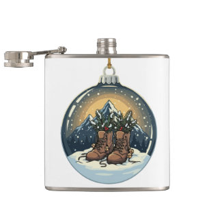 Ländliche Wanderstiefel Bergszene Weihnachten Flachmann