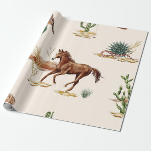 Ländliche Wasserfarbe-Wüste-Pferd-und-Kaktus-Wildn Geschenkpapier