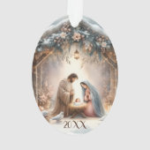 Ländliche Weihmachtskrippe mit Winterblumen Karte Ornament (Rückseite)