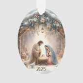 Ländliche Weihmachtskrippe mit Winterblumen Karte Ornament (Vorderseite)