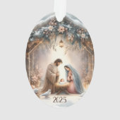 Ländliche Weihmachtskrippe mit Winterblumen Karte Ornament (Rückseite)