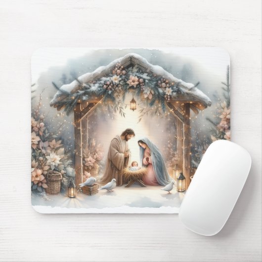 Ländliche Weihmachtskrippe mit Winterblumen Mousepad (Mit Mouse)