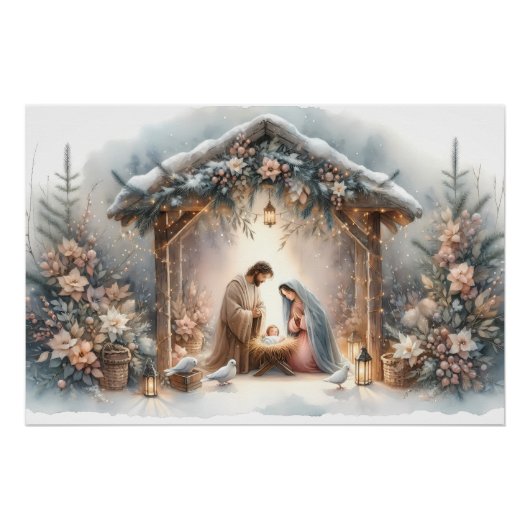 Ländliche Weihmachtskrippe mit Winterblumen Poster (Vorderseite)