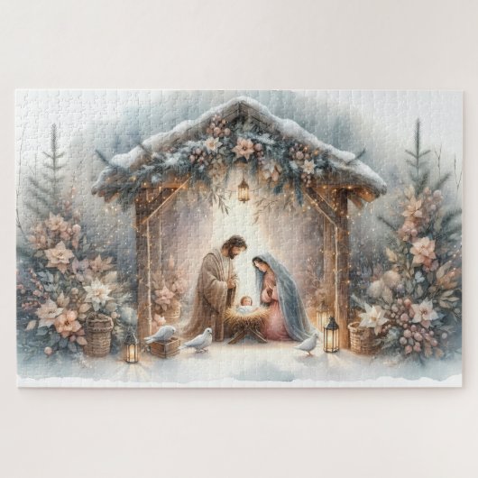 Ländliche Weihmachtskrippe mit Winterblumen Puzzle (Horizontal)