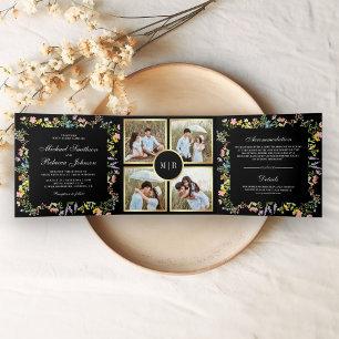 Ländliche Wildblumen-Fotocollage Schwarze Hochzeit Dreifach Gefaltete Einladung
