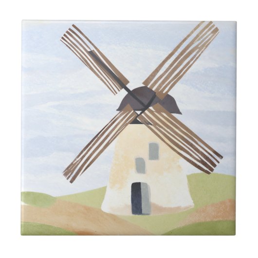 Ländliche Windmühle | Aquarell Gemalt Fliese (Vorderseite)
