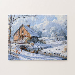Ländliche Winter-Scheune am gefrorenen Bach Puzzle