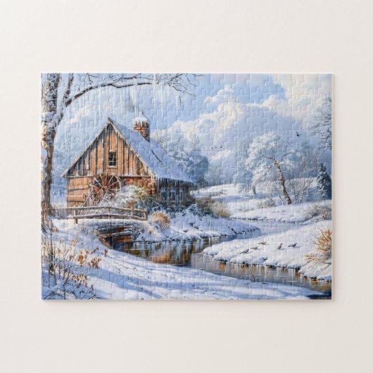 Ländliche Winter-Scheune an gefrorenem Bach Puzzle (Horizontal)