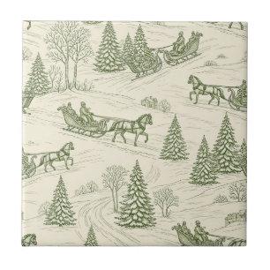 Ländliche Winter-Schlittenfahrt Grün Creme Schneei Fliese