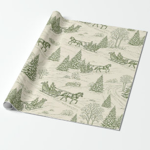 Ländliche Winter-Schlittenfahrt Grün Creme Schneei Geschenkpapier