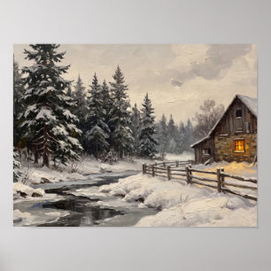 Ländliche Winterkiefernwald- und Scheunen-Kunst Poster