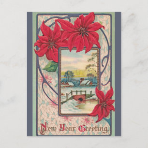 Ländliche Winterlandschaft Brücke Neujahr Vintage Postkarte