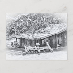 Ländliche Winterszene Vintage Scheune & Rechen T Postkarte