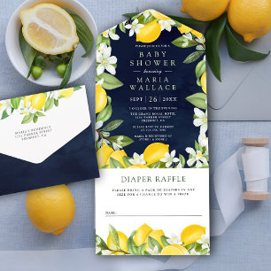Ländliche Zitrus-Limonenplantage Navy Blau Baby Sh All In One Einladung