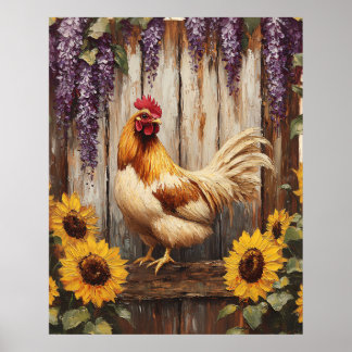 Ländlicher Bauernhofhahn mit Sonnenblumen und Wist Poster