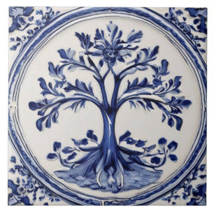 Ländlicher Baum Rustikales Land Blau und Weiß Fliese