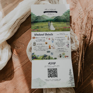 Ländlicher Bergfluss Wald Illustrierte Hochzeit Dreifach Gefaltete Einladung