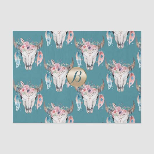 Ländlicher Blumen-Schädel-Boho-Monogramm personali Seidenpapier (Vorderseite)