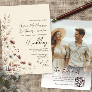 Ländlicher Boho-Chic-Wildblumen- & Foto-QR-Hochzei Einladung
