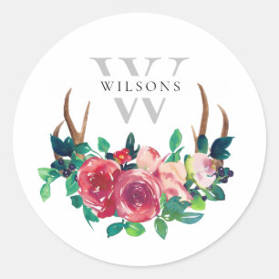 Ländlicher Boho-Roter Blumenhirsch Geweih Monogram Runder Aufkleber