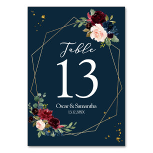 Ländlicher Burgunderrot Navy Blau & Rot Gold Blume Tischnummer