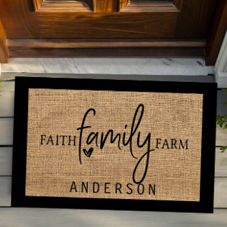 Ländlicher Faux-Burlap-Türvorleger mit Glauben Fam Fußmatte