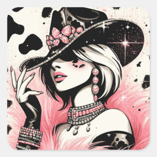 Ländlicher Glam Cowgirl Rosa Funkeln Kuhleder Druc Quadratischer Aufkleber