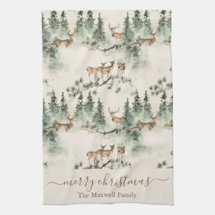 Ländlicher Hirsche Frohe Weihnachten Familienname Geschirrtuch