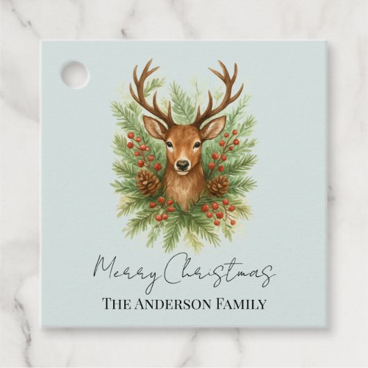 Ländlicher Hirschkopf im Winter mit Laubwerk - Geschenkanhänger (Vorderseite)