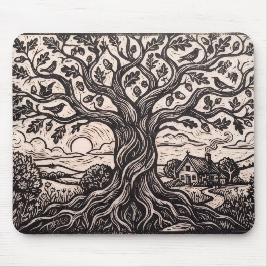 Ländlicher Holzfäller-Eichenbaum-Cottage-Mauspad Mousepad (Vorne)