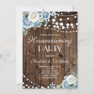 Ländlicher Holzstaub Blaue Floral Einweihungsparty Einladung