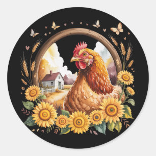 Ländlicher Hühner-Sonnenblumen-Bauernhaus-Szene-Ra Runder Aufkleber