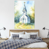 Ländlicher Kirchenweg auf einer Wiesenblumenwiese Leinwanddruck (Insitu (Schlafzimmer))