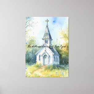 Ländlicher Kirchenweg in einer Wiesenlandschaft mi Leinwanddruck