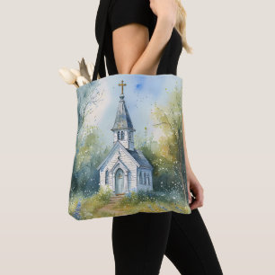 Ländlicher Kirchenweg in einer Wildblumenwiese Tasche