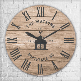 Ländlicher moderner Farmhouse Custom Familienname Große Wanduhr