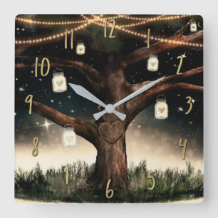 Ländlicher Nachtsbaum mit Lichtern und Mason-Gläse Quadratische Wanduhr