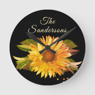 Ländlicher Schick Golden Gelbe Sonnenblume Runde Wanduhr