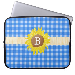 Ländlicher Stil blaue Karos, Sonnenblume, Monogram Laptopschutzhülle