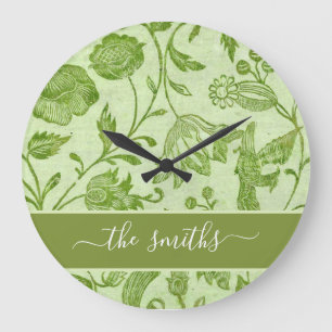 Ländlicher Vintage-Grün-Blumenprint Große Wanduhr