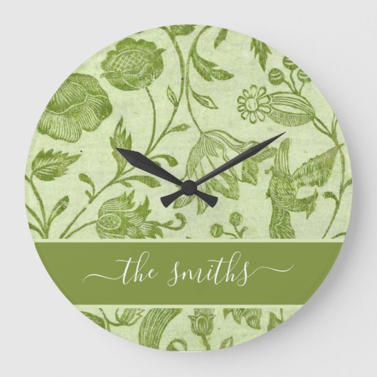 Ländlicher Vintage-Grün-Blumenprint Große Wanduhr (Vorderseite)
