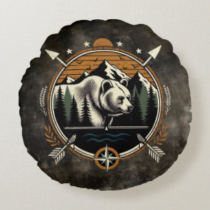 Ländlicher, vintage Outdoor-Bär Berg Rundes Kissen