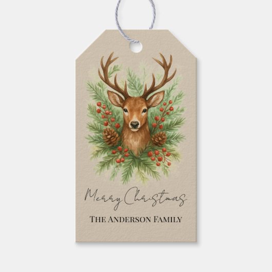 Ländlicher Waldhirschkopf mit Winterlaub - Geschenkanhänger (Vorderseite)